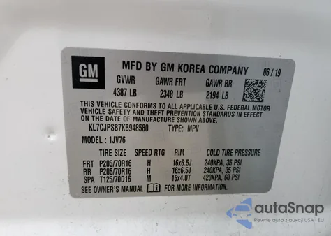 2019 Chevrolet Trax 1Lt from USA, damaged, VIN KL7CJPSB7KB948580